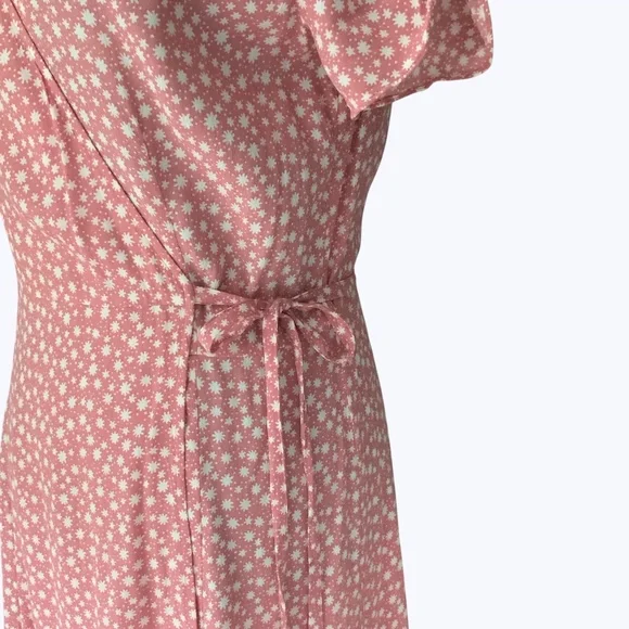& Other Stories Pink Floral V Neck Wrap Midi Dress Ruched Puffed Sleeves SZ 6 - Picture 6 of 14